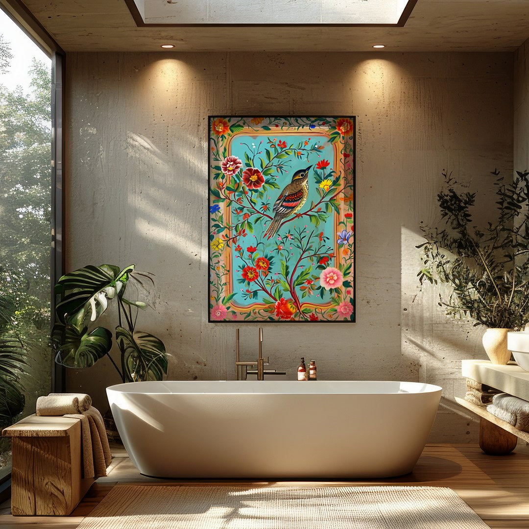 Delight in the vibrant beauty of nature with this exquisite artwork, capturing a bird amidst a lush for Bathroom