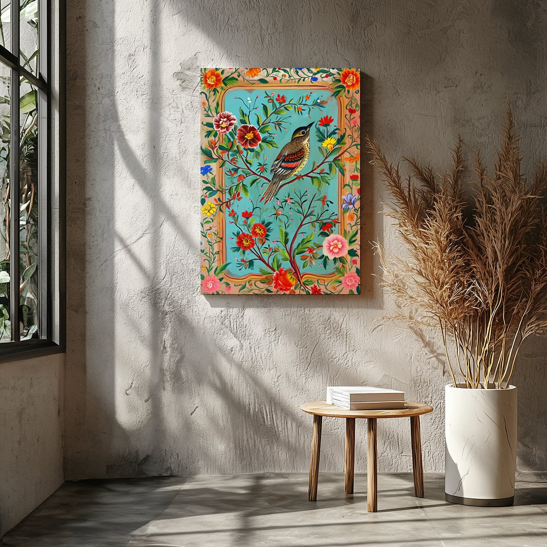 Delight in the vibrant beauty of nature with this exquisite artwork, capturing a bird amidst a lush for Entrance