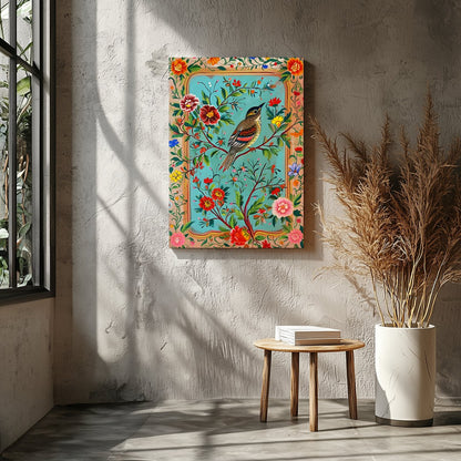 Delight in the vibrant beauty of nature with this exquisite artwork, capturing a bird amidst a lush for Entrance