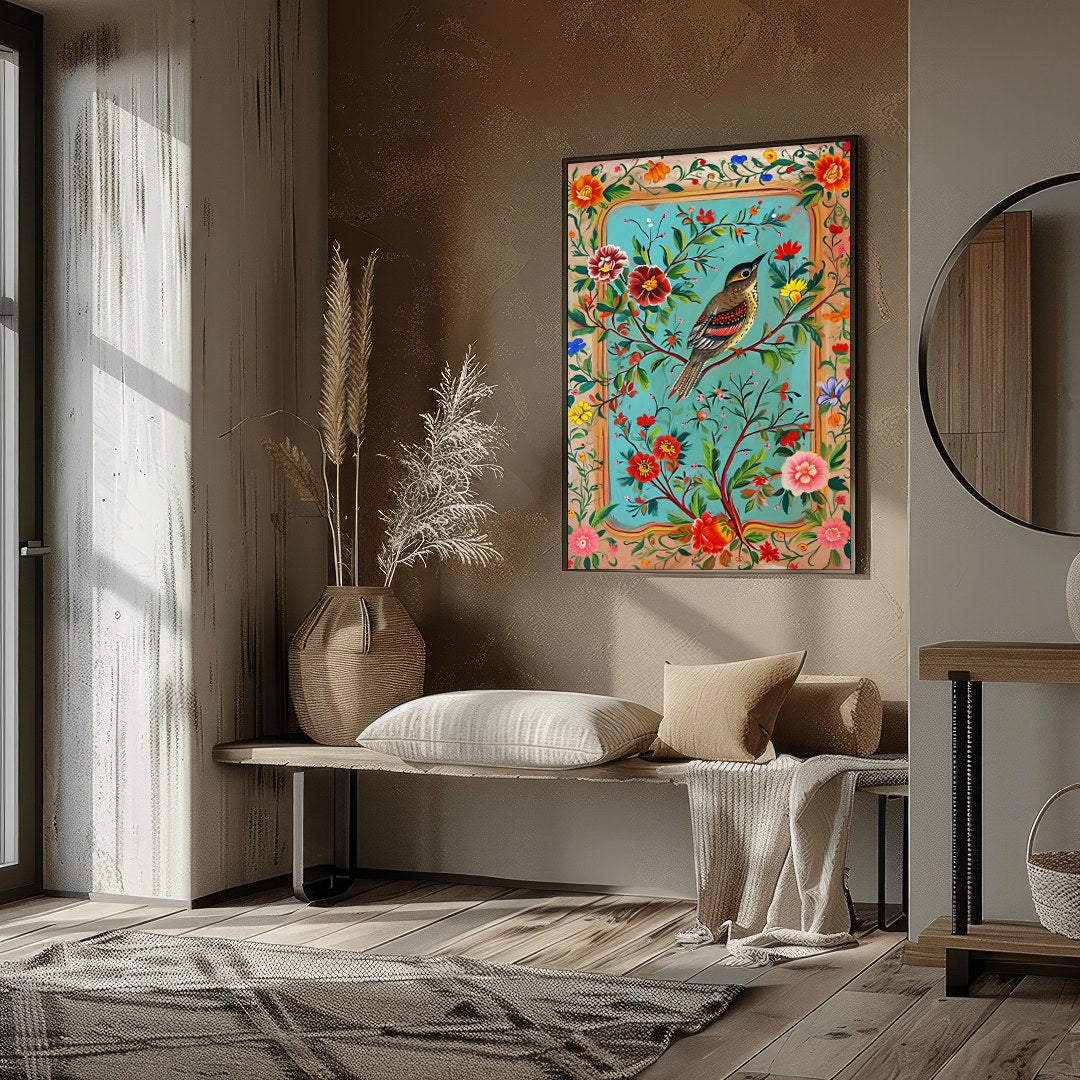 Delight in the vibrant beauty of nature with this exquisite artwork, capturing a bird amidst a lush for sanctuary