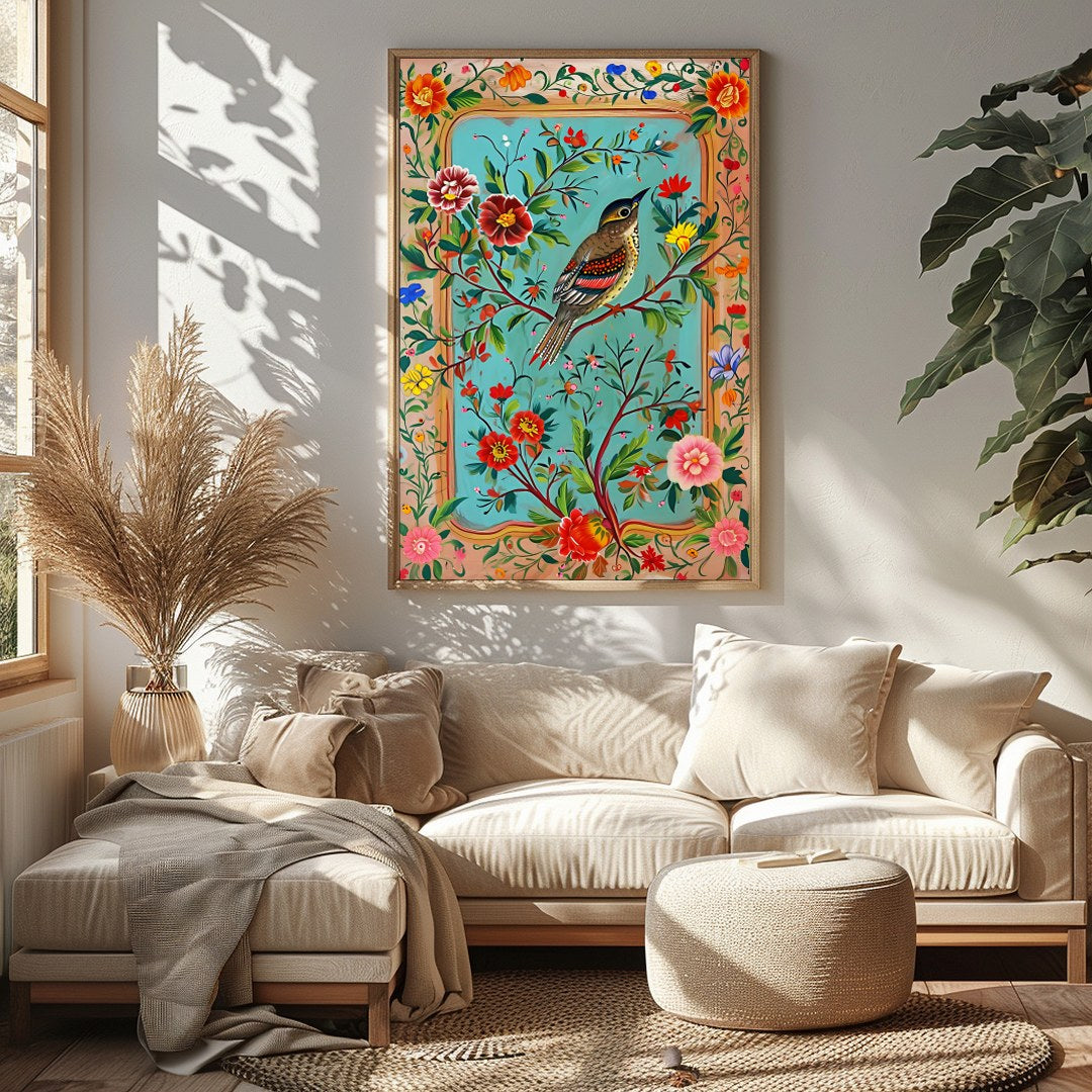 Delight in the vibrant beauty of nature with this exquisite artwork, capturing a bird amidst a lush for Sitting Area