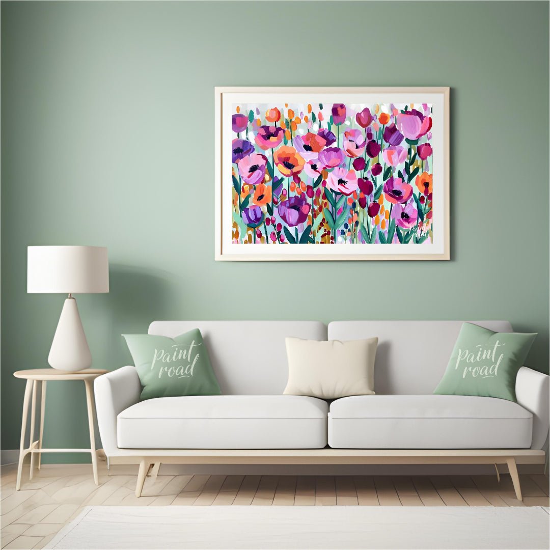 This vibrant painting bursts with a profusion of stylized flowers in a riot of colors. The artist e… for living room