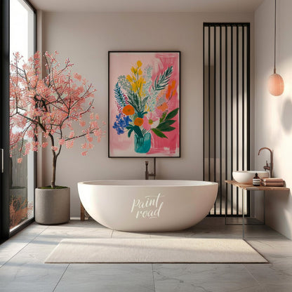 "Floral Burst" presents a vibrant and expressive floral still life, rendered with bold brushstrokes… for bathroom
