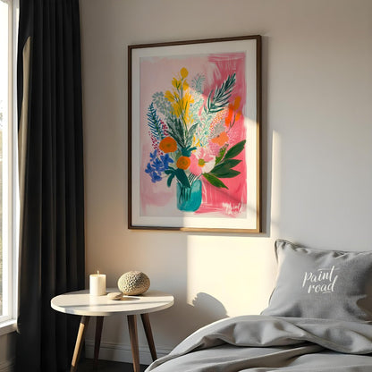 "Floral Burst" presents a vibrant and expressive floral still life, rendered with bold brushstrokes… for bedroom