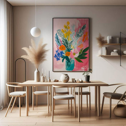 "Floral Burst" presents a vibrant and expressive floral still life, rendered with bold brushstrokes… for dining room