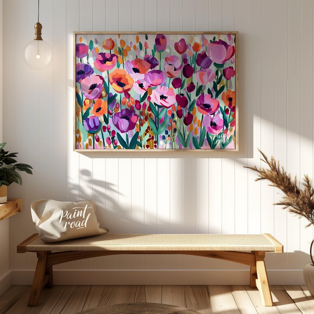 This vibrant painting bursts with a profusion of stylized flowers in a riot of colors. The artist e… for entryway