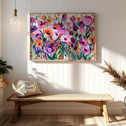 This vibrant painting bursts with a profusion of stylized flowers in a riot of colors. The artist e… for entryway