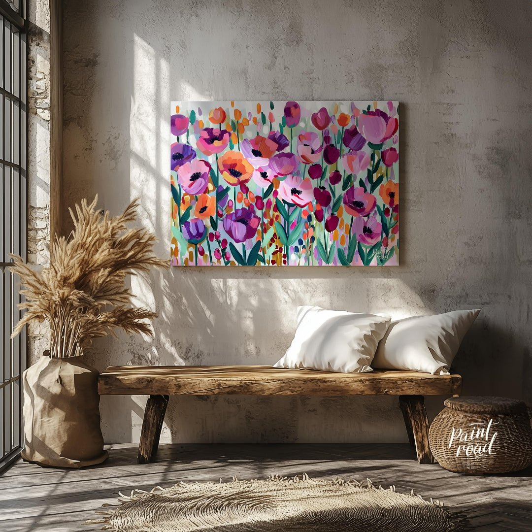 This vibrant painting bursts with a profusion of stylized flowers in a riot of colors. The artist e… for entryway