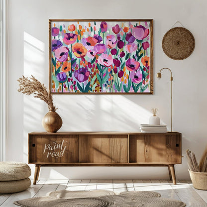 This vibrant painting bursts with a profusion of stylized flowers in a riot of colors. The artist e… for living room