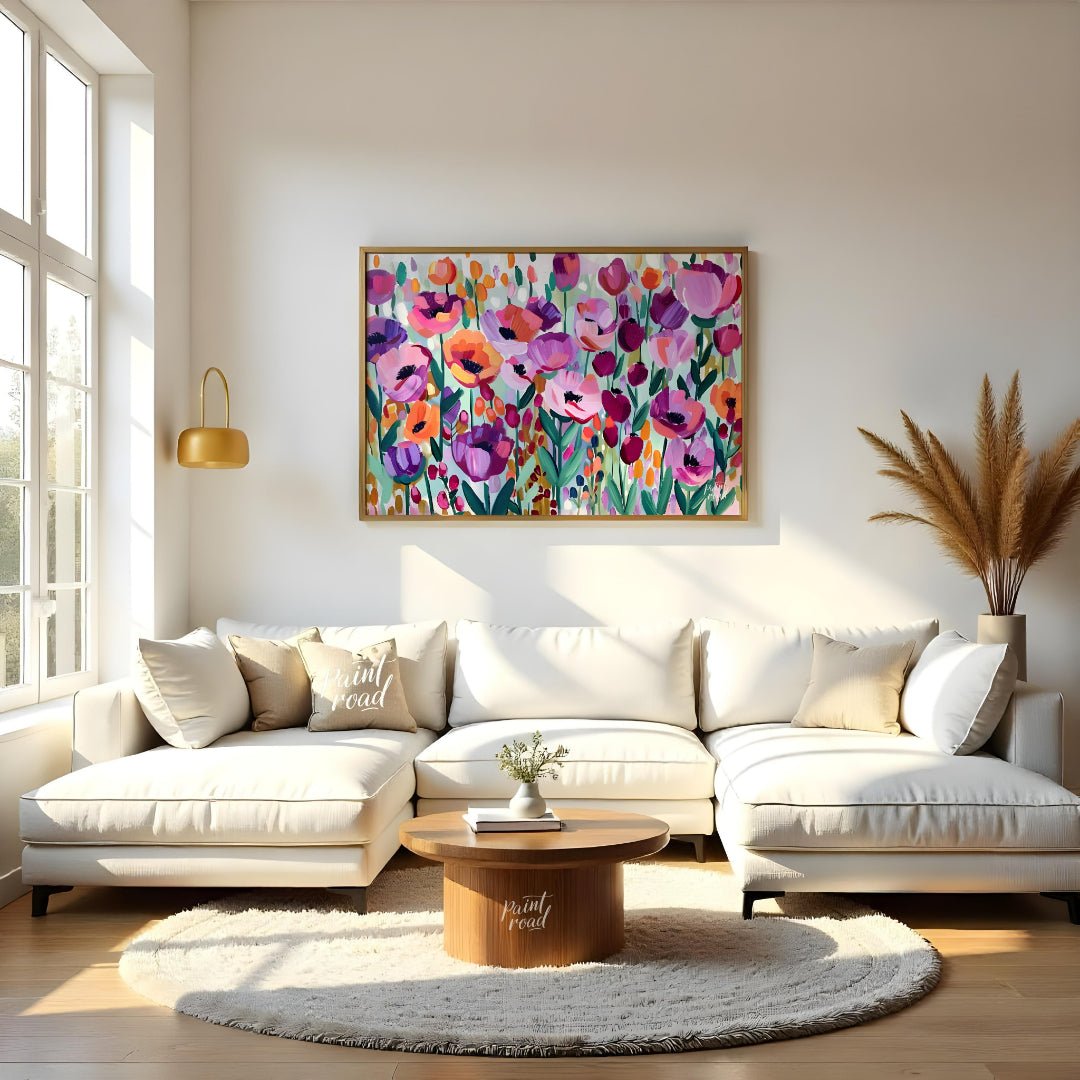 This vibrant painting bursts with a profusion of stylized flowers in a riot of colors. The artist e… for living room