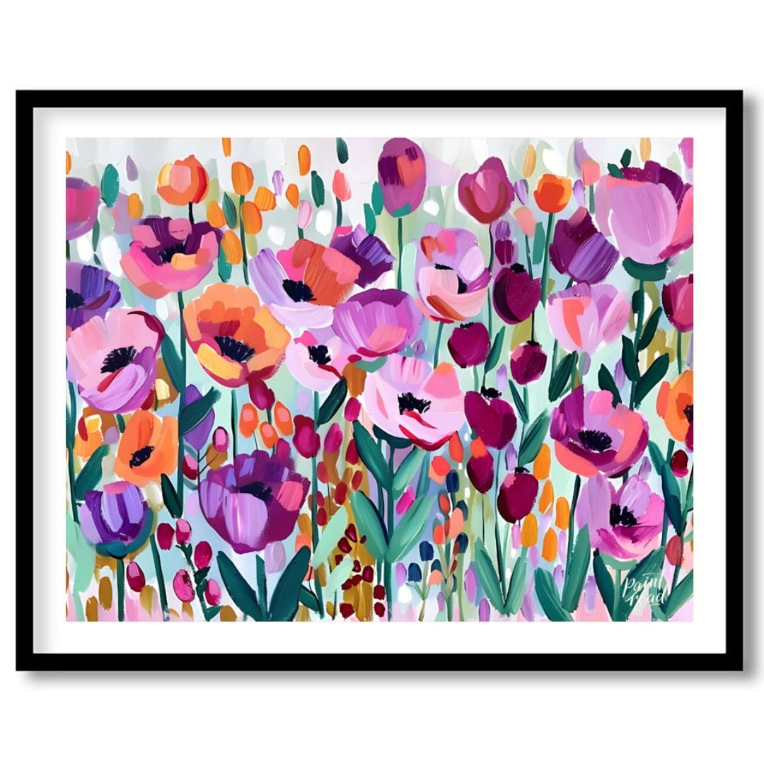 This vibrant painting bursts with a profusion of stylized flowers in a riot of colors. The artist e… for house