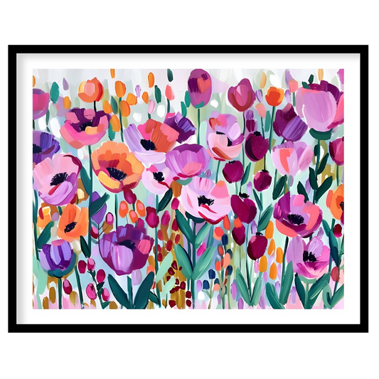 This vibrant painting bursts with a profusion of stylized flowers in a riot of colors. The artist e… for house