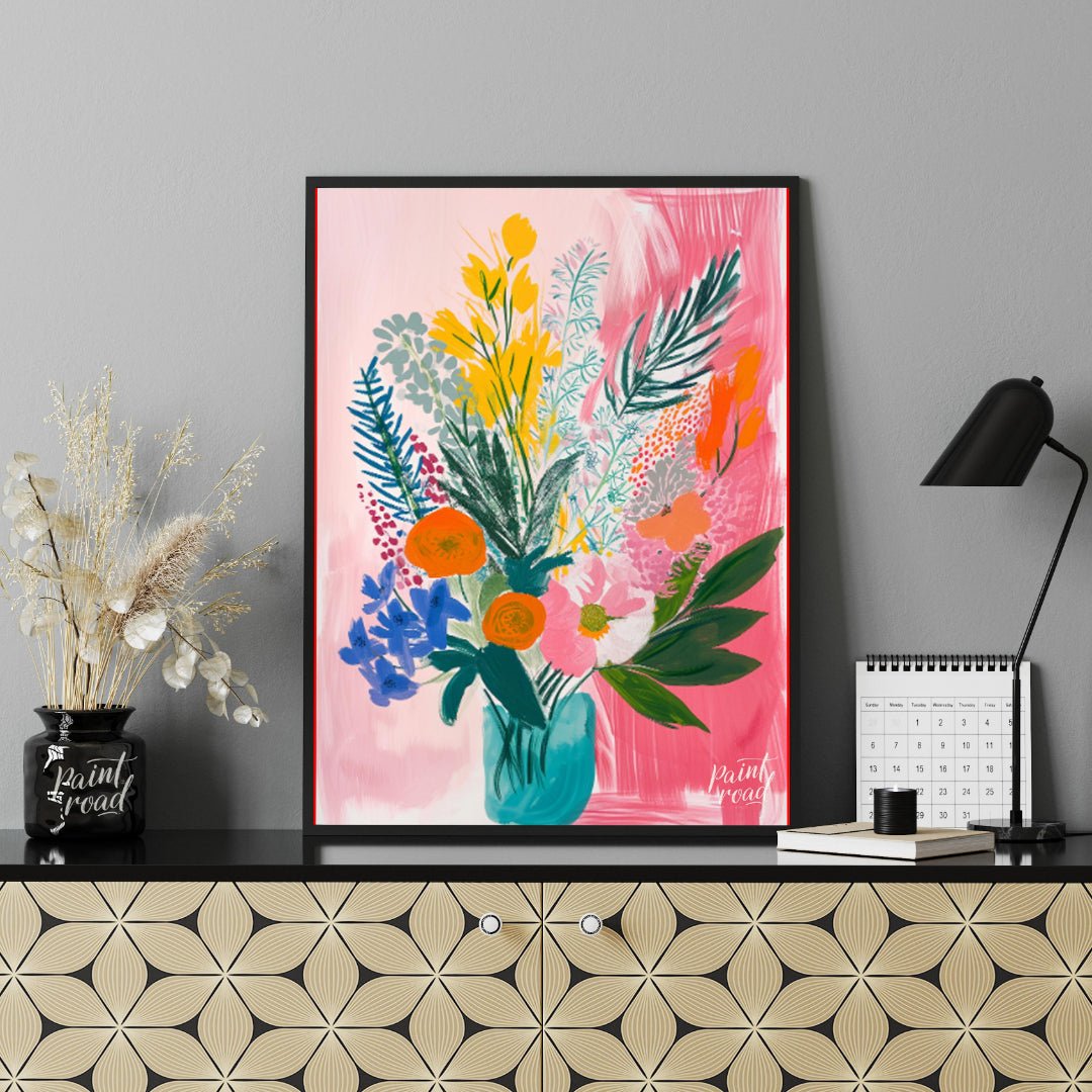 "Floral Burst" presents a vibrant and expressive floral still life, rendered with bold brushstrokes… for living room