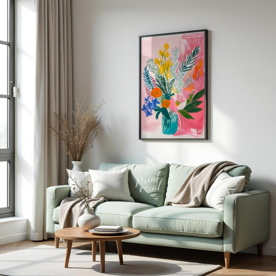 "Floral Burst" presents a vibrant and expressive floral still life, rendered with bold brushstrokes… for living room