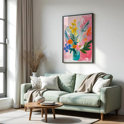 "Floral Burst" presents a vibrant and expressive floral still life, rendered with bold brushstrokes… for living room