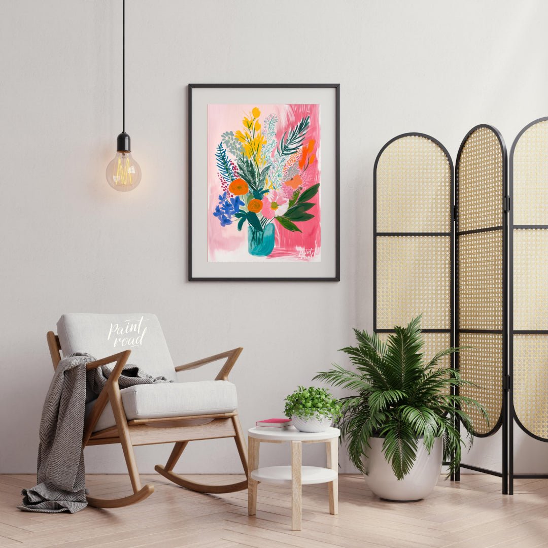 "Floral Burst" presents a vibrant and expressive floral still life, rendered with bold brushstrokes… for living room