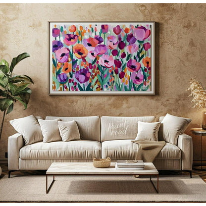 This vibrant painting bursts with a profusion of stylized flowers in a riot of colors. The artist e… for living room