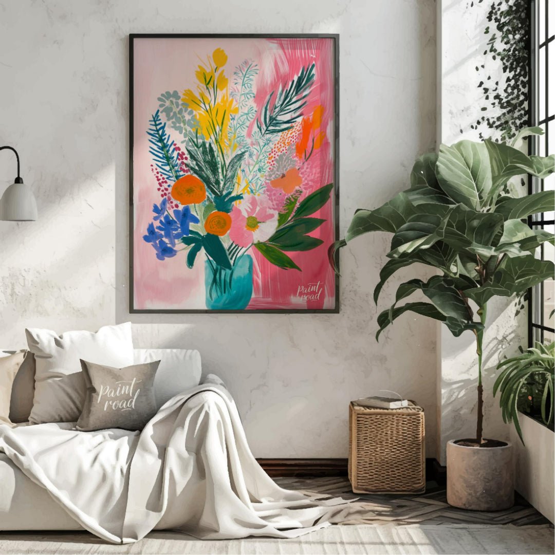"Floral Burst" presents a vibrant and expressive floral still life, rendered with bold brushstrokes… for living room