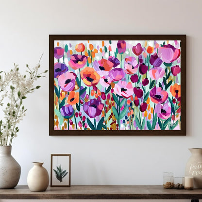 This vibrant painting bursts with a profusion of stylized flowers in a riot of colors. The artist e… for living room