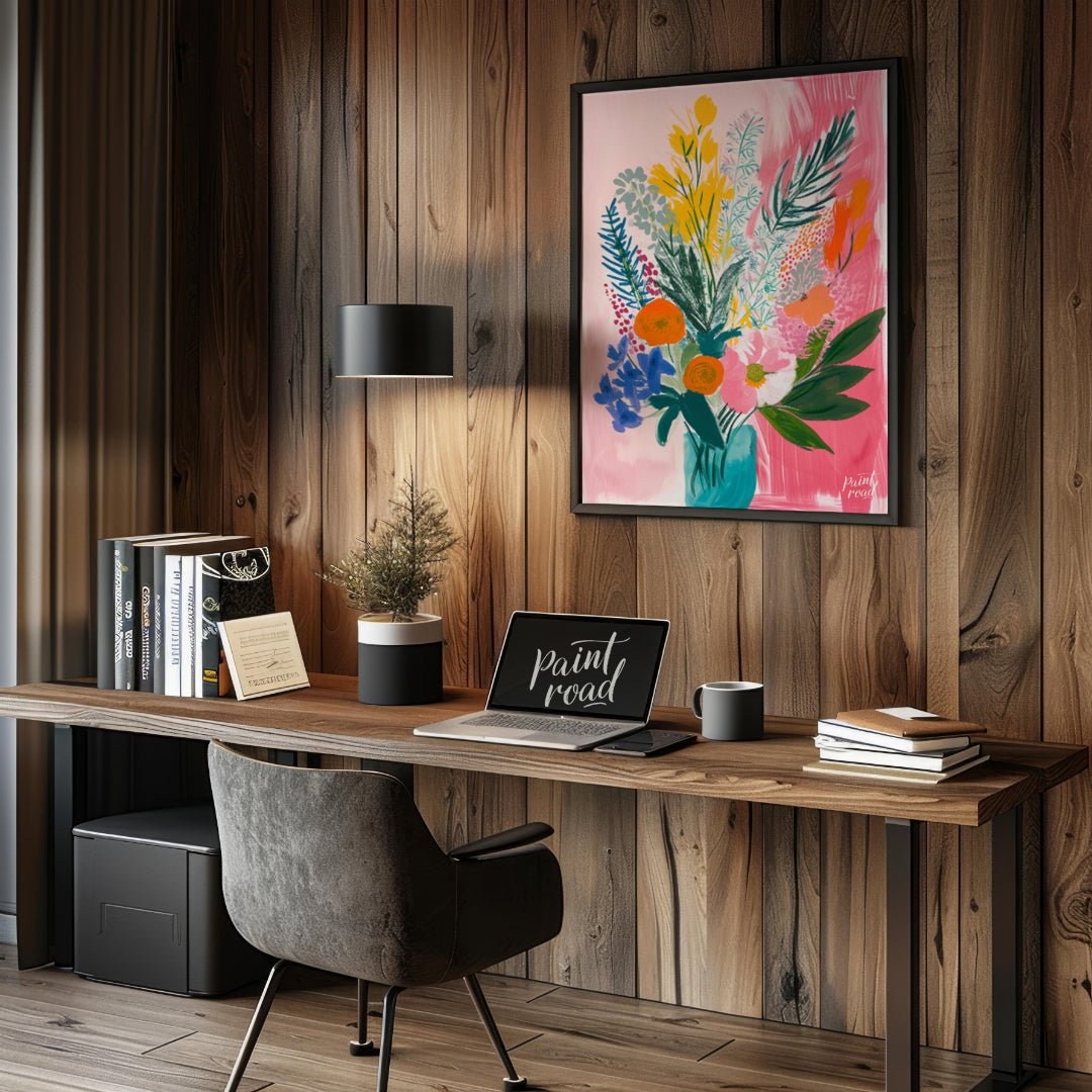 "Floral Burst" presents a vibrant and expressive floral still life, rendered with bold brushstrokes… for office