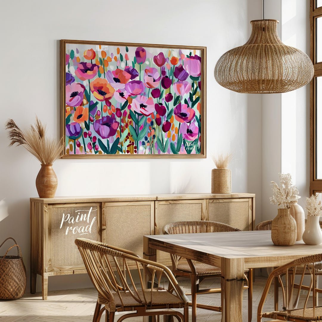 This vibrant painting bursts with a profusion of stylized flowers in a riot of colors. The artist e… for dining room