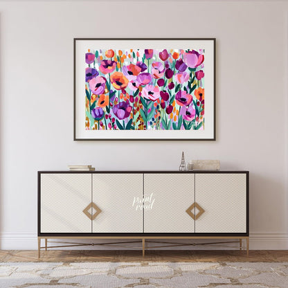 This vibrant painting bursts with a profusion of stylized flowers in a riot of colors. The artist e… for living room