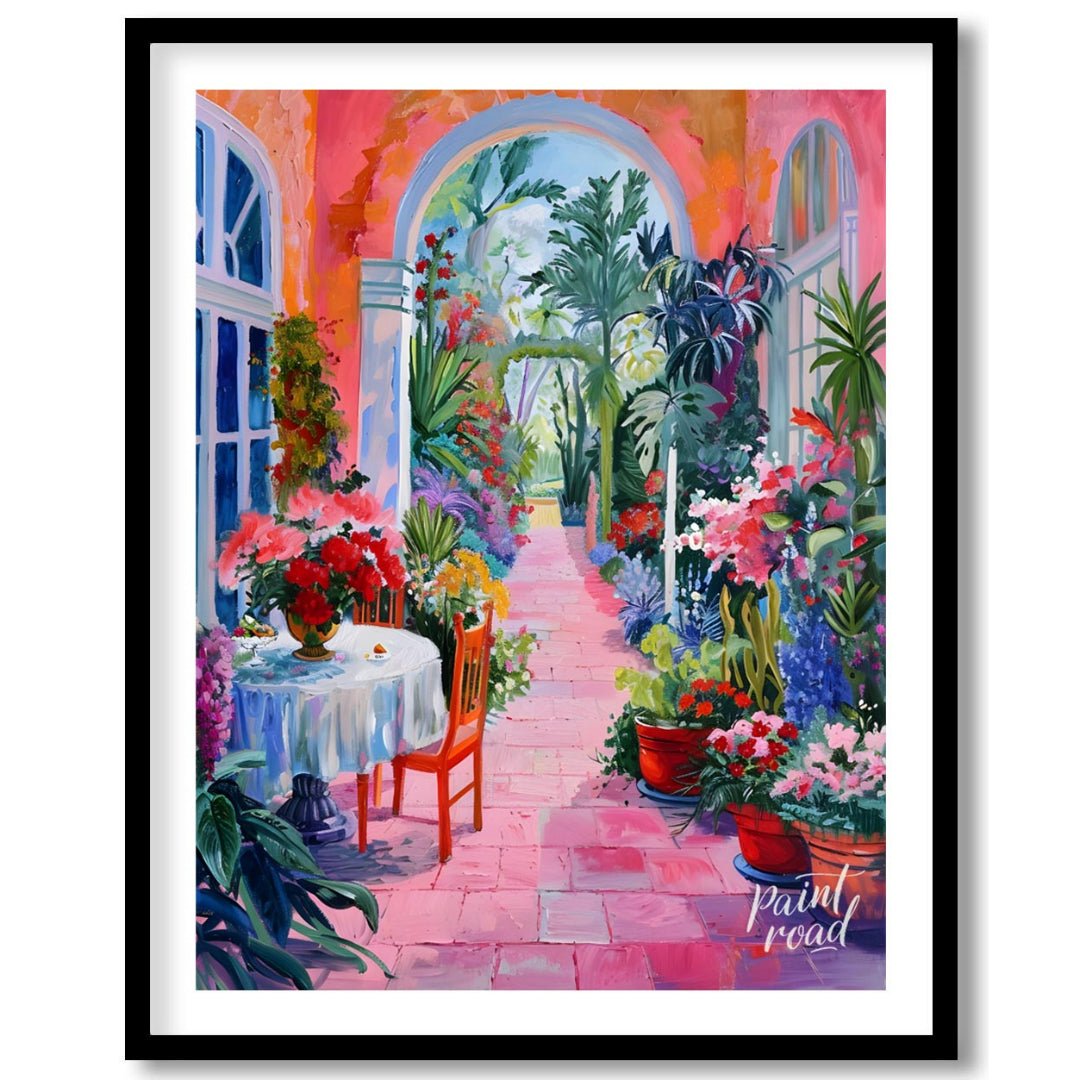 This vibrant painting captures a sun-drenched courtyard overflowing with lush vegetation and colorf… for abode