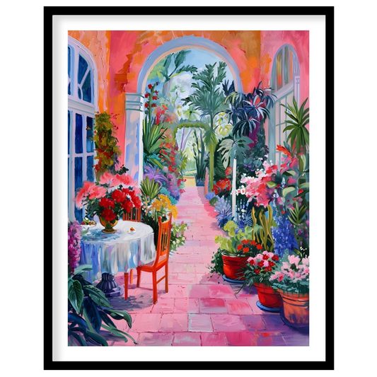 This vibrant painting captures a sun-drenched courtyard overflowing with lush vegetation and colorf… for abode