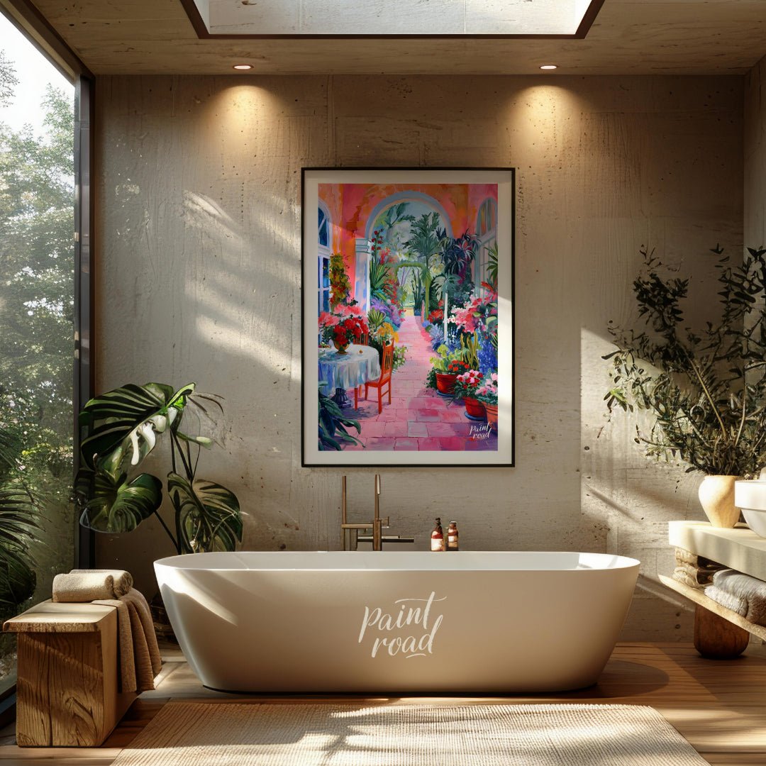 This vibrant painting captures a sun-drenched courtyard overflowing with lush vegetation and colorf… for bathroom