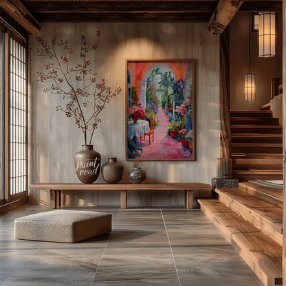 This vibrant painting captures a sun-drenched courtyard overflowing with lush vegetation and colorf… for entryway