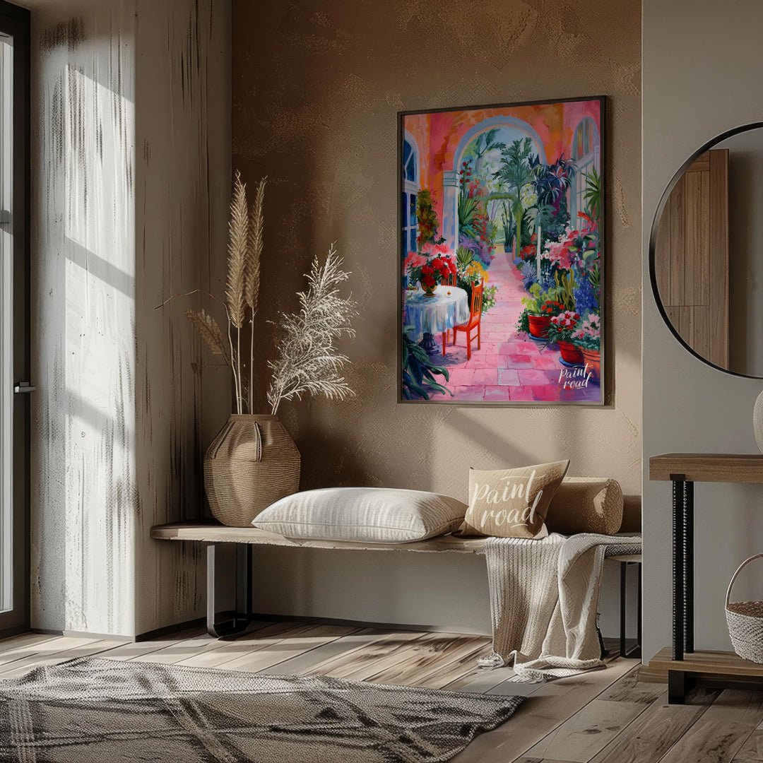 This vibrant painting captures a sun-drenched courtyard overflowing with lush vegetation and colorf… for entryway