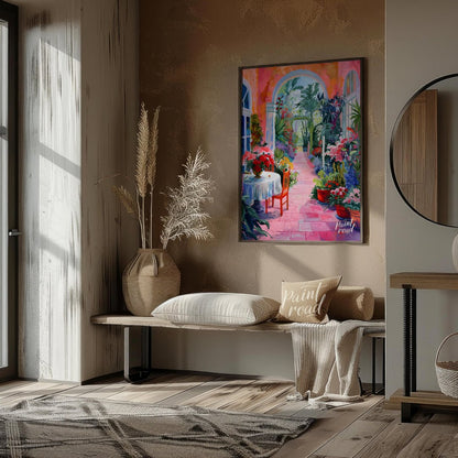 This vibrant painting captures a sun-drenched courtyard overflowing with lush vegetation and colorf… for entryway