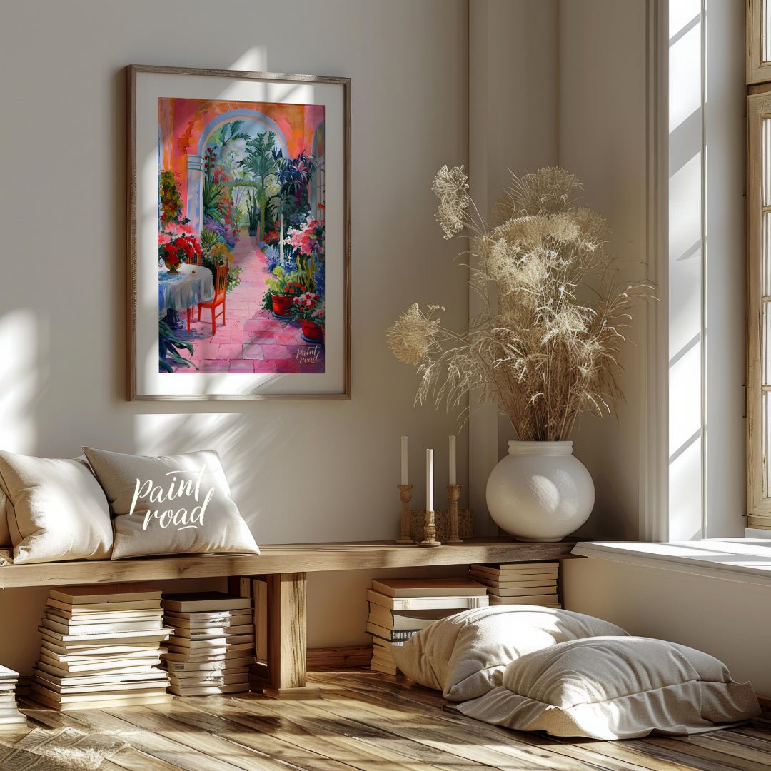 This vibrant painting captures a sun-drenched courtyard overflowing with lush vegetation and colorf… for living room