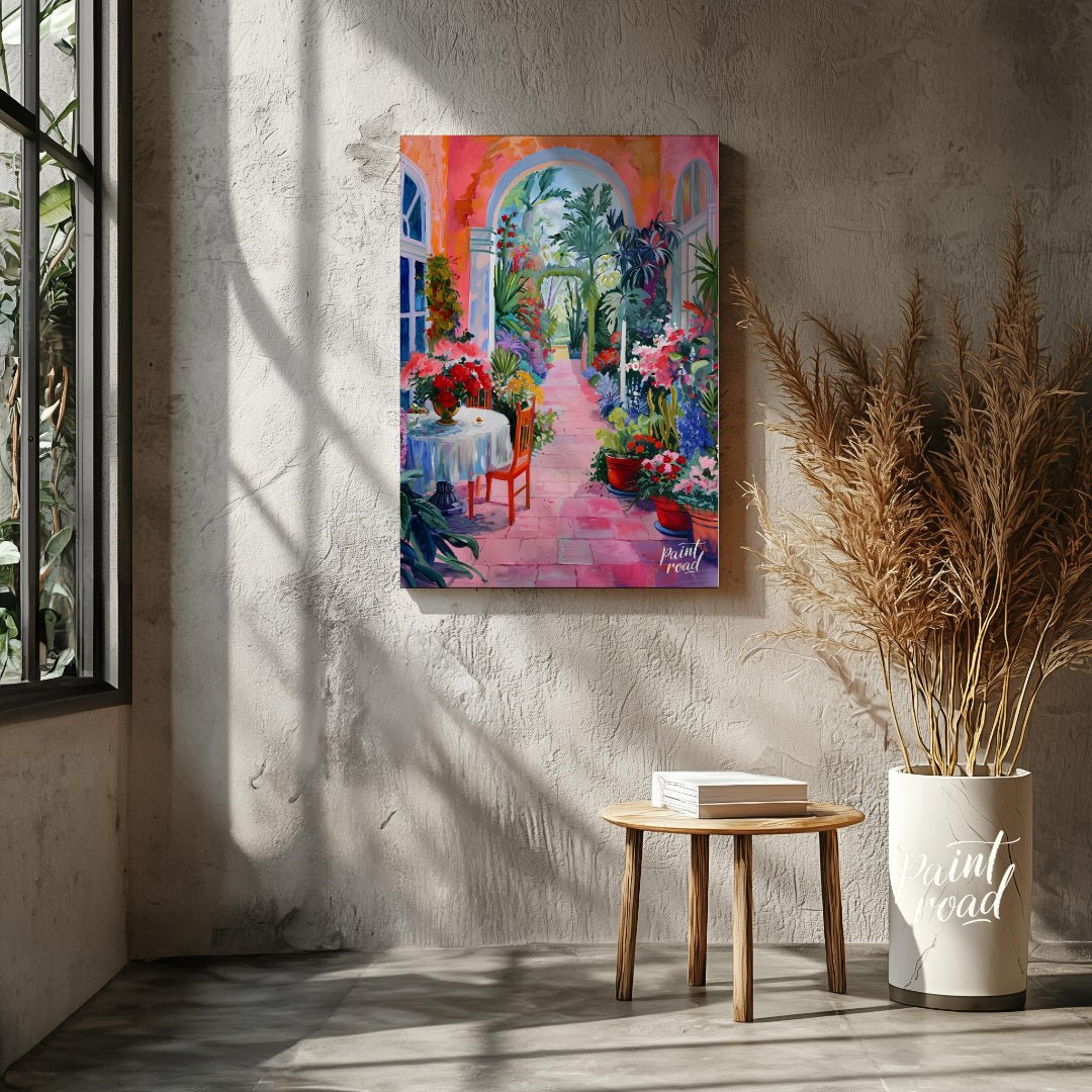 This vibrant painting captures a sun-drenched courtyard overflowing with lush vegetation and colorf… for living room