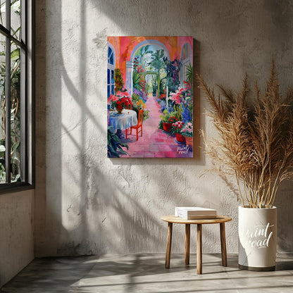 This vibrant painting captures a sun-drenched courtyard overflowing with lush vegetation and colorf… for living room