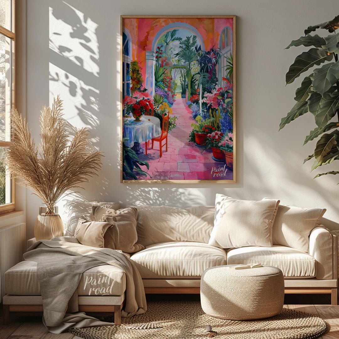 This vibrant painting captures a sun-drenched courtyard overflowing with lush vegetation and colorf… for living room