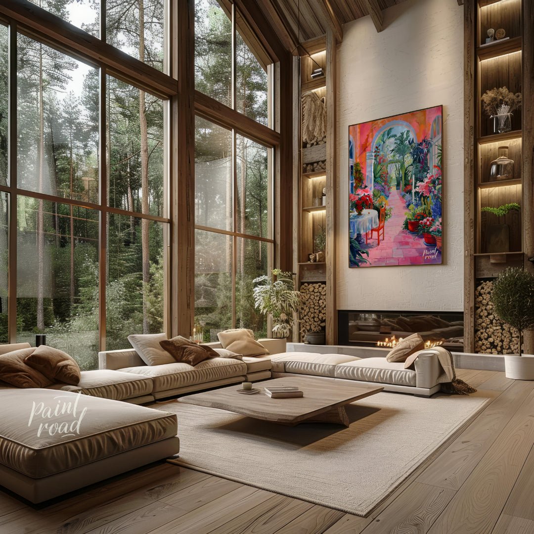 This vibrant painting captures a sun-drenched courtyard overflowing with lush vegetation and colorf… for living room