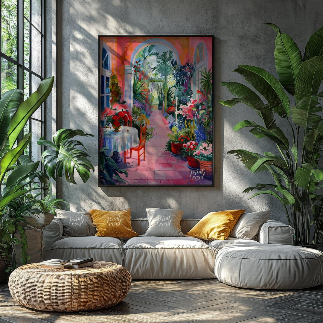 This vibrant painting captures a sun-drenched courtyard overflowing with lush vegetation and colorf… for living room