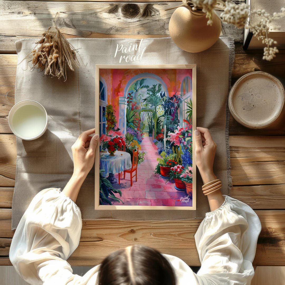 This vibrant painting captures a sun-drenched courtyard overflowing with lush vegetation and colorf… for other