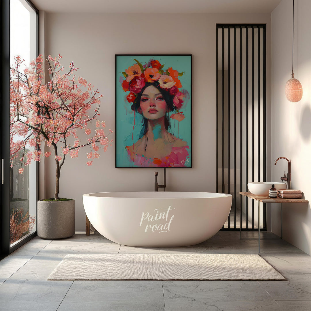 This painting captures a moment of serene beauty with a woman adorned in a vibrant crown of colorfu… for bathroom