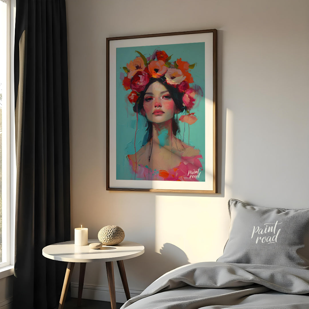 This painting captures a moment of serene beauty with a woman adorned in a vibrant crown of colorfu… for bedroom