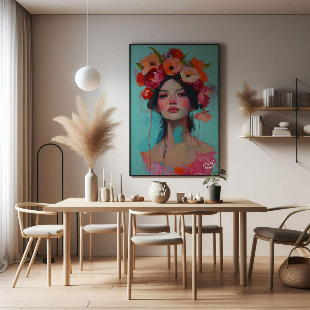 This painting captures a moment of serene beauty with a woman adorned in a vibrant crown of colorfu… for dining room