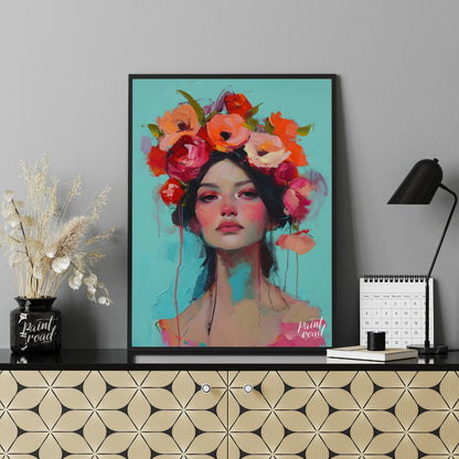 This painting captures a moment of serene beauty with a woman adorned in a vibrant crown of colorfu… for living room