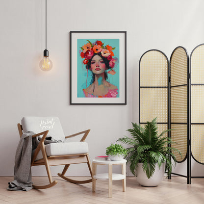 This painting captures a moment of serene beauty with a woman adorned in a vibrant crown of colorfu… for living room