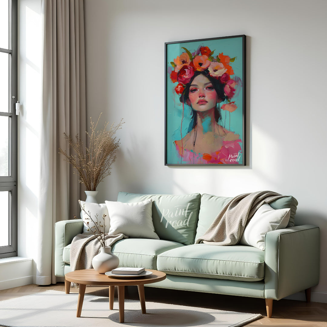 This painting captures a moment of serene beauty with a woman adorned in a vibrant crown of colorfu… for living room