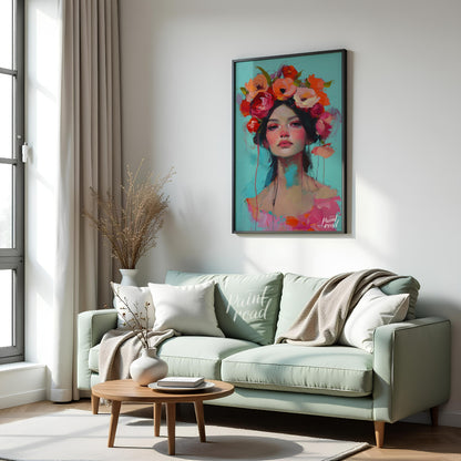 This painting captures a moment of serene beauty with a woman adorned in a vibrant crown of colorfu… for living room