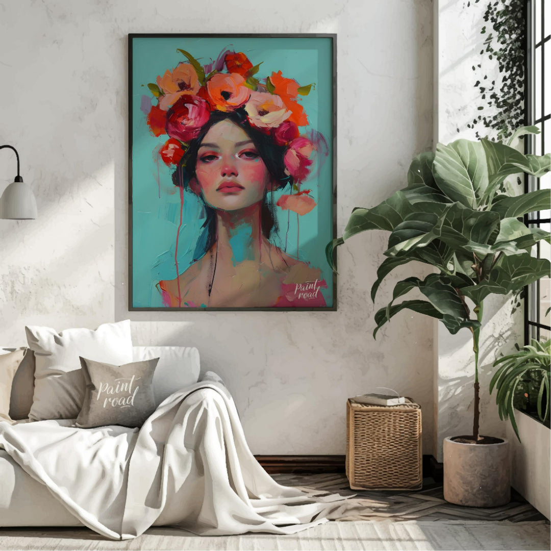 This painting captures a moment of serene beauty with a woman adorned in a vibrant crown of colorfu… for living room