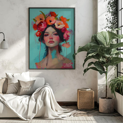 This painting captures a moment of serene beauty with a woman adorned in a vibrant crown of colorfu… for living room