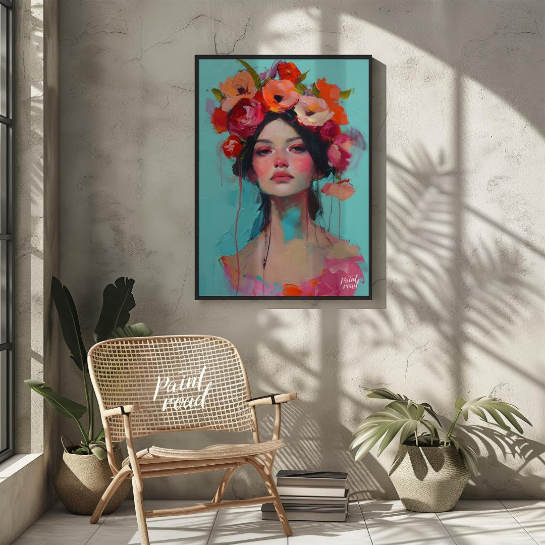This painting captures a moment of serene beauty with a woman adorned in a vibrant crown of colorfu… for living room