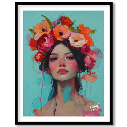 This painting captures a moment of serene beauty with a woman adorned in a vibrant crown of colorfu… for lovely house